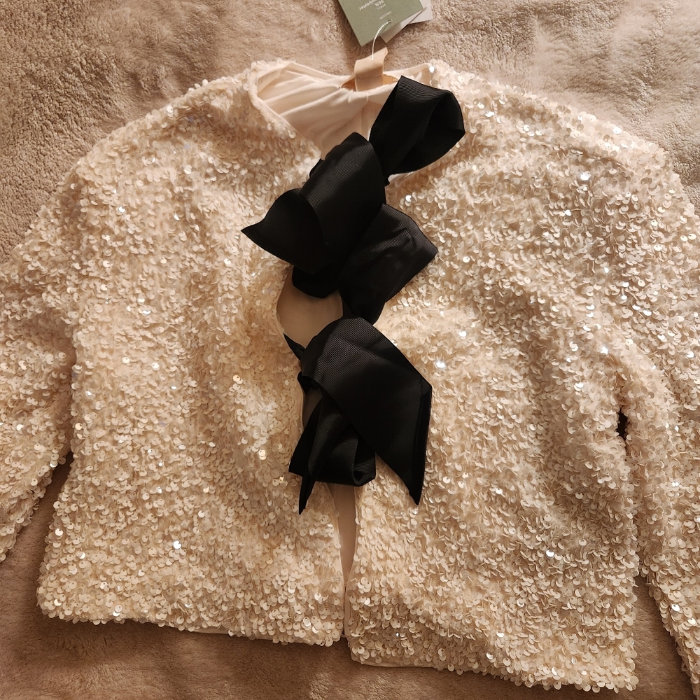 H&M Tie-front Sequined Jacket Off White/black bow sz S, M. BNWT - Picture 9 of 10